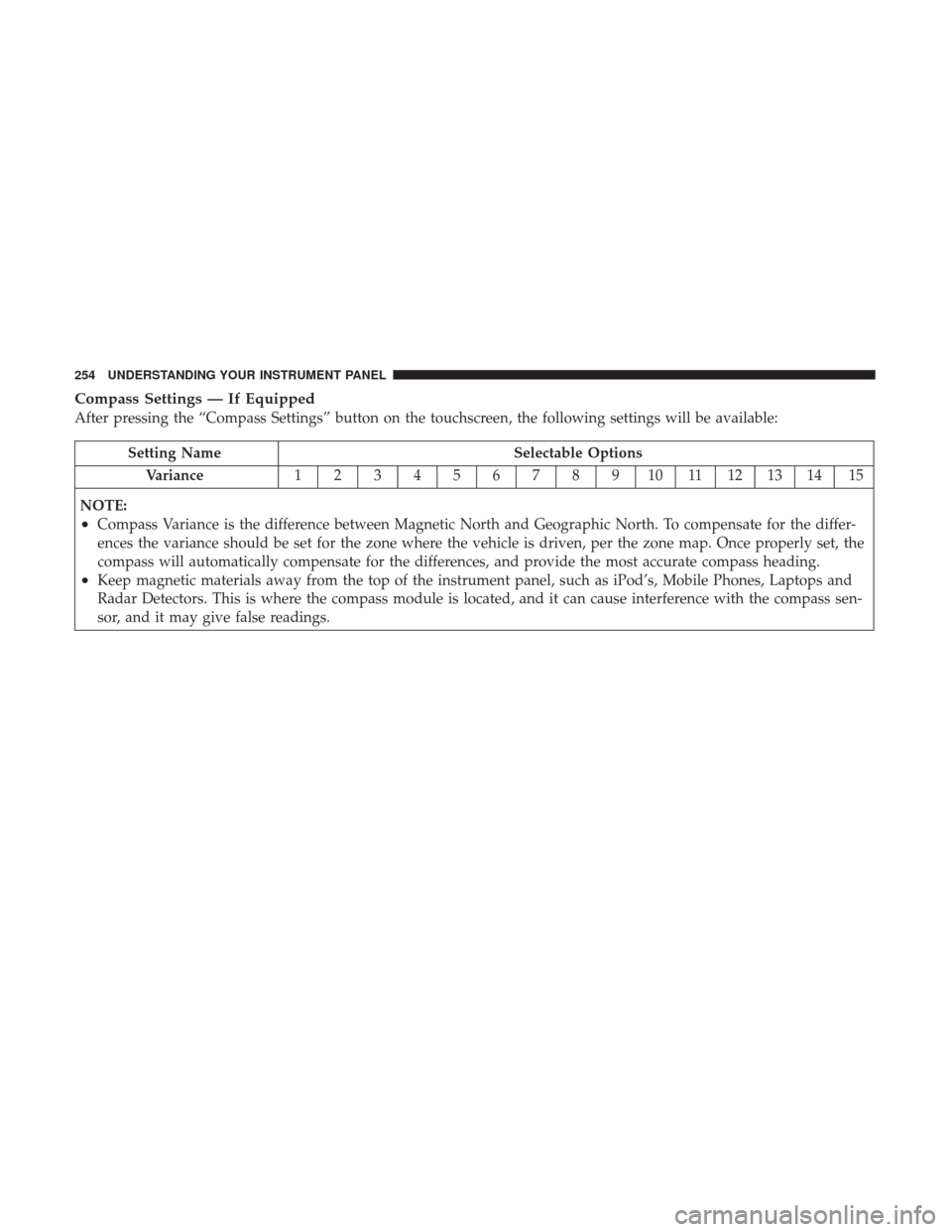 Ram 3500 Chassis Cab 2017 Owners Manual Compass Settings — If Equipped
After pressing the “Compass Settings” button on the touchscreen, the following settings will be available:
Setting NameSelectable Options
Variance 1234567891011121 Ram 3500 Chassis Cab 2017 Owners Manual Compass Settings — If Equipped
After pressing the “Compass Settings” button on the touchscreen, the following settings will be available:
Setting NameSelectable Options
Variance 1234567891011121