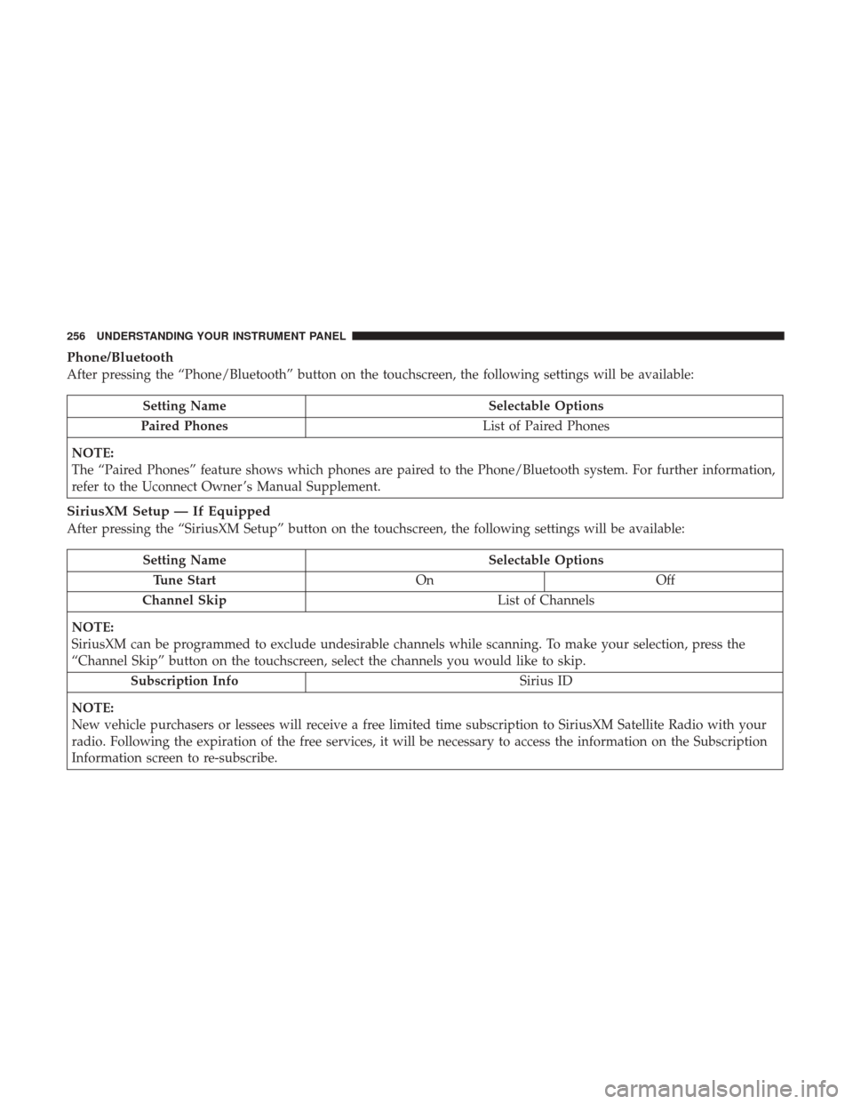 Ram 3500 Chassis Cab 2017  Owners Manual Phone/Bluetooth
After pressing the “Phone/Bluetooth” button on the touchscreen, the following settings will be available:
Setting NameSelectable Options
Paired Phones List of Paired Phones
NOTE:
T