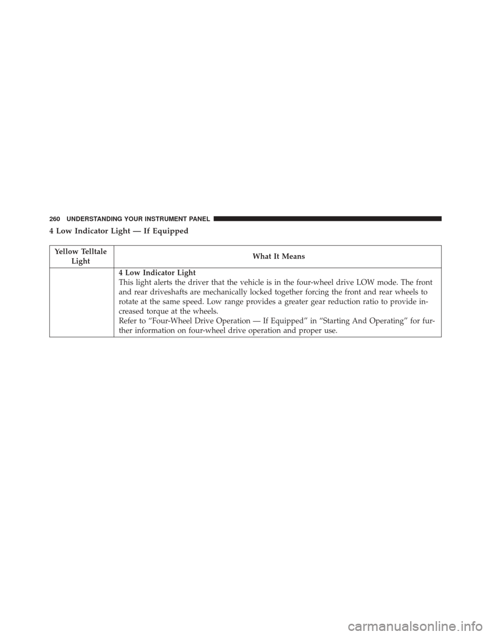 Ram 3500 Chassis Cab 2016 Owners Manual 4 Low Indicator Light — If Equipped
Yellow TelltaleLight What It Means
4 Low Indicator Light
This light alerts the driver that the vehicle is in the four-wheel drive LOW mode. The front
and rear dri Ram 3500 Chassis Cab 2016 Owners Manual 4 Low Indicator Light — If Equipped
Yellow TelltaleLight What It Means
4 Low Indicator Light
This light alerts the driver that the vehicle is in the four-wheel drive LOW mode. The front
and rear dri
