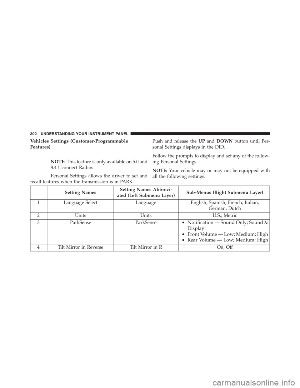 Ram 3500 Chassis Cab 2016 Repair Manual Vehicles Settings (Customer-Programmable
Features)
NOTE:This feature is only available on 5.0 and
8.4 Uconnect Radios
Personal Settings allows the driver to set and
recall features when the transmissi Ram 3500 Chassis Cab 2016 Repair Manual Vehicles Settings (Customer-Programmable
Features)
NOTE:This feature is only available on 5.0 and
8.4 Uconnect Radios
Personal Settings allows the driver to set and
recall features when the transmissi