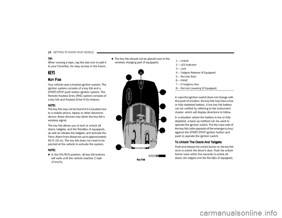 Ram 3500 2020  Owners Manual 
14GETTING TO KNOW YOUR VEHICLE  
TIP:
When viewing a topic, tap the star icon to add it 
to your Favorites, for easy access in the future.
KEYS 
KEY FOB
Your vehicle uses a keyless ignition system. T