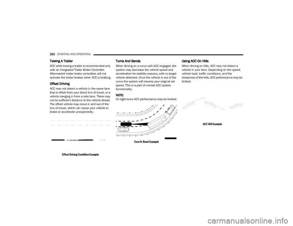 Ram 3500 2020 Owners Manual
292STARTING AND OPERATING
Towing A Trailer
ACC while towing a trailer is recommended only
with an Integrated Trailer Brake Controller.
Aftermarket trailer brake controllers will not
activate the Ram 3500 2020 Owners Manual
292STARTING AND OPERATING
Towing A Trailer
ACC while towing a trailer is recommended only
with an Integrated Trailer Brake Controller.
Aftermarket trailer brake controllers will not
activate the
