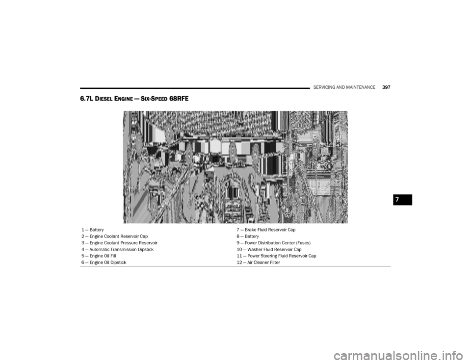 Ram 3500 2020  Owners Manual 
SERVICING AND MAINTENANCE397
6.7L DIESEL ENGINE — SIX-SPEED 68RFE 
1 — Battery 7 — Brake Fluid Reservoir Cap
2 — Engine Coolant Reservoir Cap 8 — Battery
3 — Engine Coolant Pressure Reser