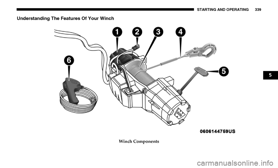 Ram 3500 2019 Owners Manual STARTING AND OPERATING 339
Understanding The Features Of Your Winch
Winch Components
5 Ram 3500 2019 Owners Manual STARTING AND OPERATING 339
Understanding The Features Of Your Winch
Winch Components
5