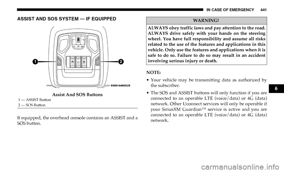 Ram 3500 2019 Owners Guide IN CASE OF EMERGENCY 441
ASSIST AND SOS SYSTEM — IF EQUIPPED
Assist And SOS Buttons
If equipped, the overhead console contains an ASSIST and a
SOS button. NOTE:
• Your vehicle may be transmitt Ram 3500 2019 Owners Guide IN CASE OF EMERGENCY 441
ASSIST AND SOS SYSTEM — IF EQUIPPED
Assist And SOS Buttons
If equipped, the overhead console contains an ASSIST and a
SOS button. NOTE:
• Your vehicle may be transmitt