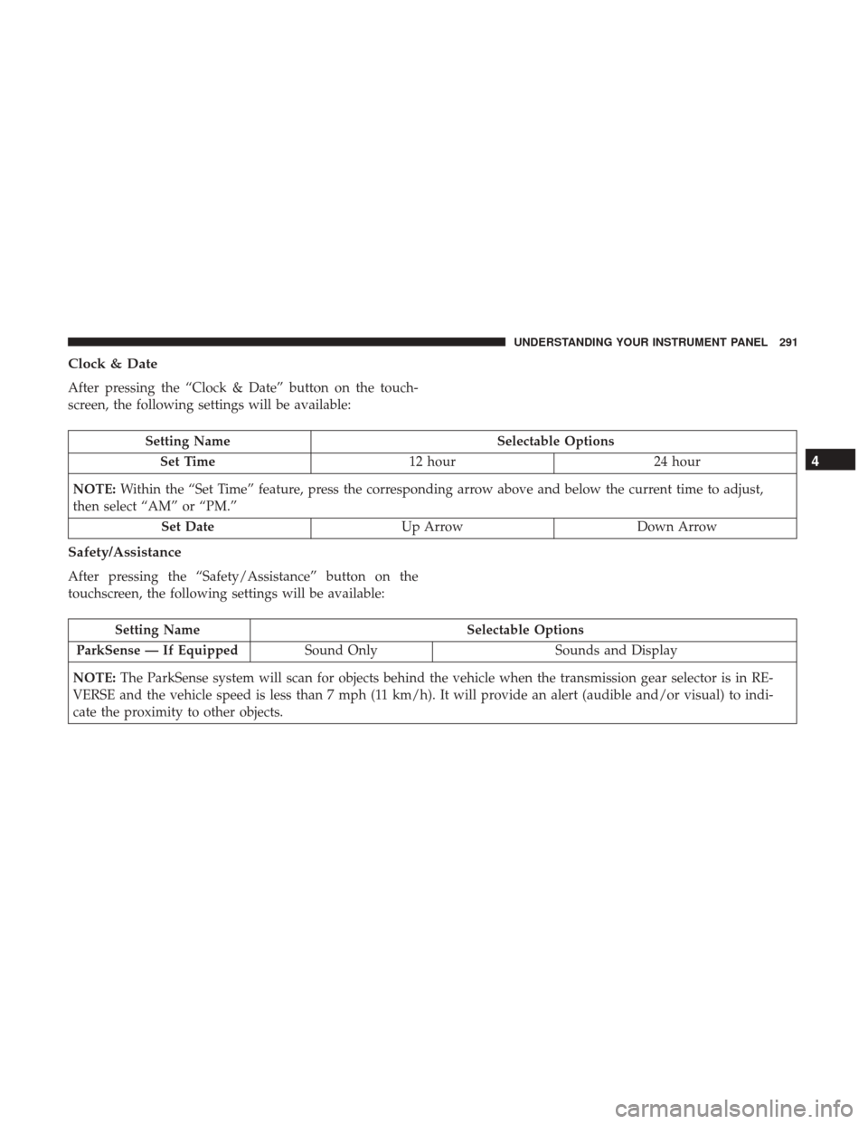 Ram 3500 2017  Owners Manual Clock & Date
After pressing the “Clock & Date” button on the touch-
screen, the following settings will be available:
Setting NameSelectable Options
Set Time 12 hour24 hour
NOTE: Within the “Set