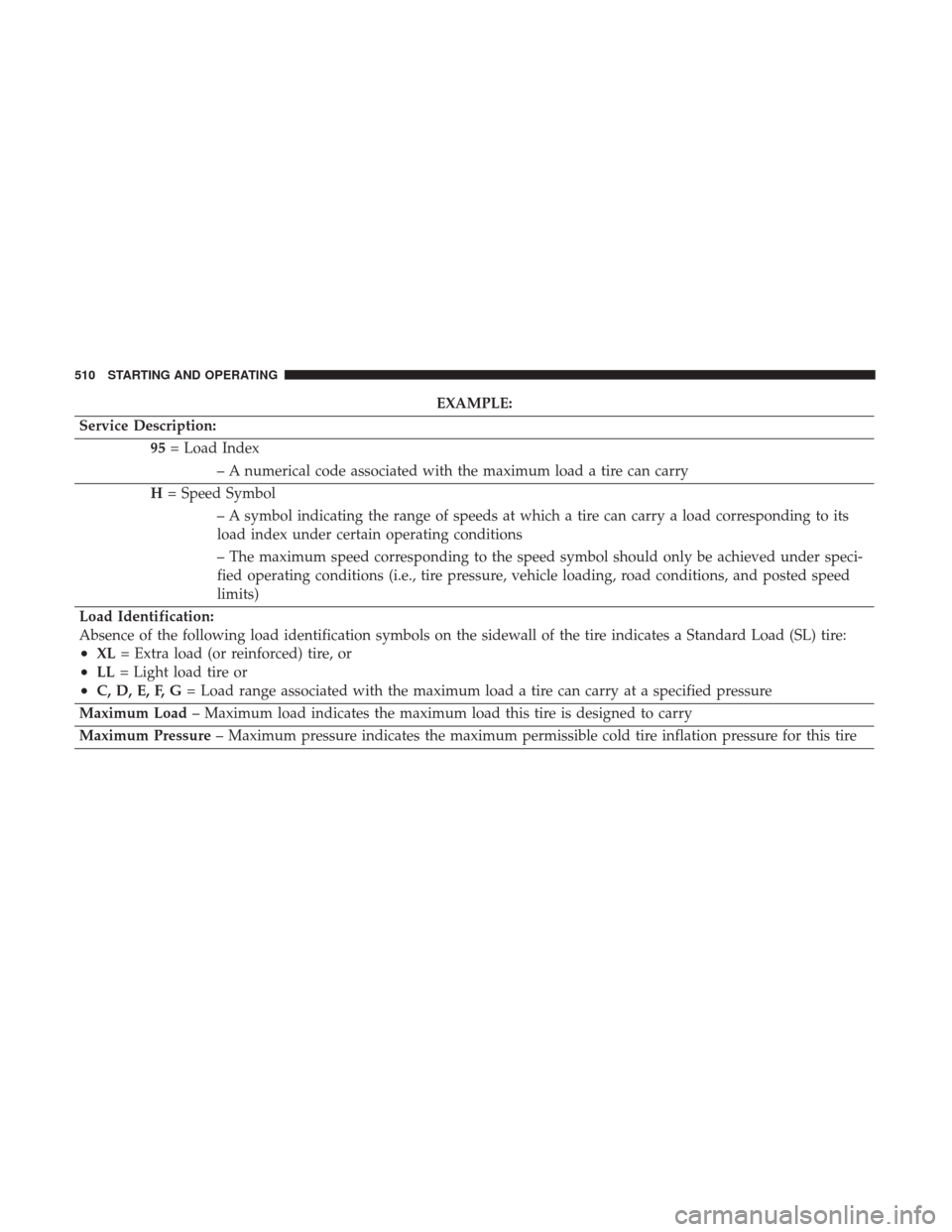 Ram 3500 2017 User Guide EXAMPLE:
Service Description: 95= Load Index
– A numerical code associated with the maximum load a tire can carry
H = Speed Symbol
– A symbol indicating the range of speeds at which a tire can car