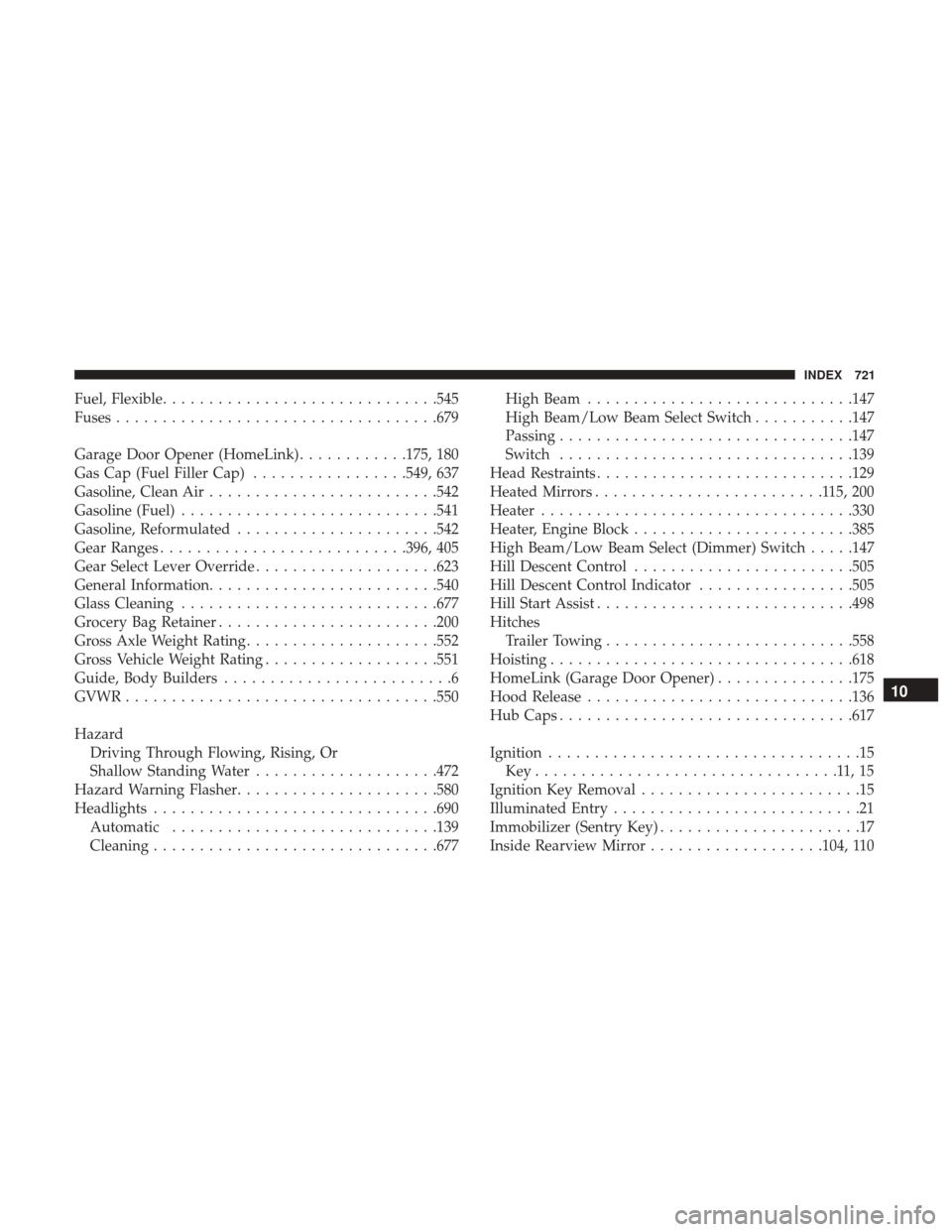 Ram 3500 2017  Owners Manual Fuel, Flexible............................. .545
Fuses .................................. .679
Garage Door Opener (HomeLink) ............175, 180
Gas Cap (Fuel Filler Cap) .................549, 637
Ga