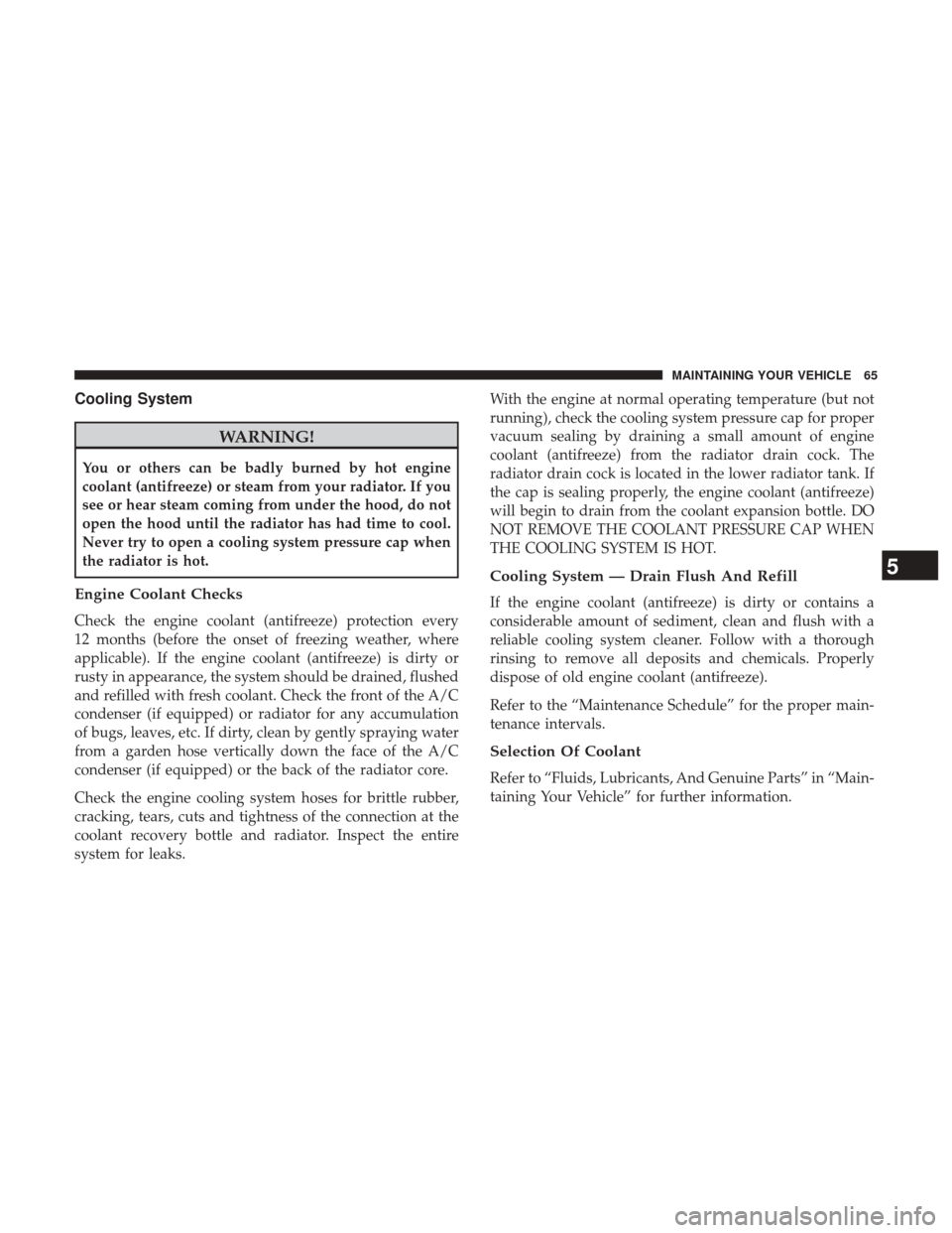 Ram 3500 2017  Diesel Supplement Cooling System
WARNING!
You or others can be badly burned by hot engine
coolant (antifreeze) or steam from your radiator. If you
see or hear steam coming from under the hood, do not
open the hood unti