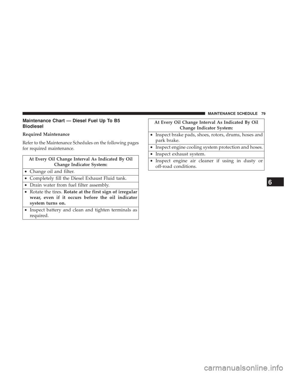 Ram 3500 2017  Diesel Supplement Maintenance Chart — Diesel Fuel Up To B5
Biodiesel
Required Maintenance
Refer to the Maintenance Schedules on the following pages
for required maintenance.
At Every Oil Change Interval As Indicated 