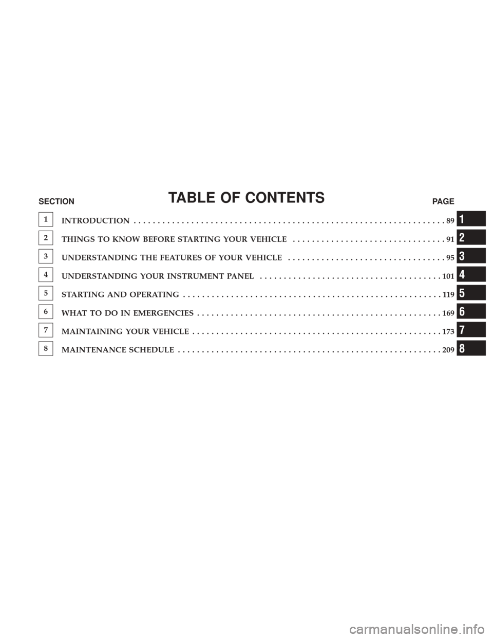 Ram 3500 2017  Diesel Supplement TABLE OF CONTENTSSECTIONPAGE
1
INTRODUCTION .................................................................89
2
THINGS TO KNOW BEFORE STARTING YOUR VEHICLE ................................91
3
UNDER