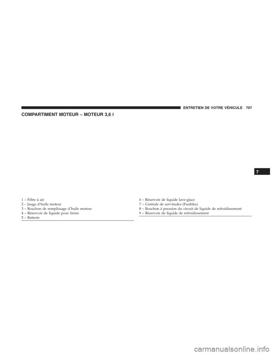 Ram 3500 2017  Manuel du propriétaire (in French)  COMPARTIMENT MOTEUR – MOTEUR 3,6 l
1 – Filtre à air
2 – Jauge d’huile moteur
3 – Bouchon de remplissage d’huile moteur
4 – Réservoir de liquide pour freins
5 – Batterie6 – Réservo