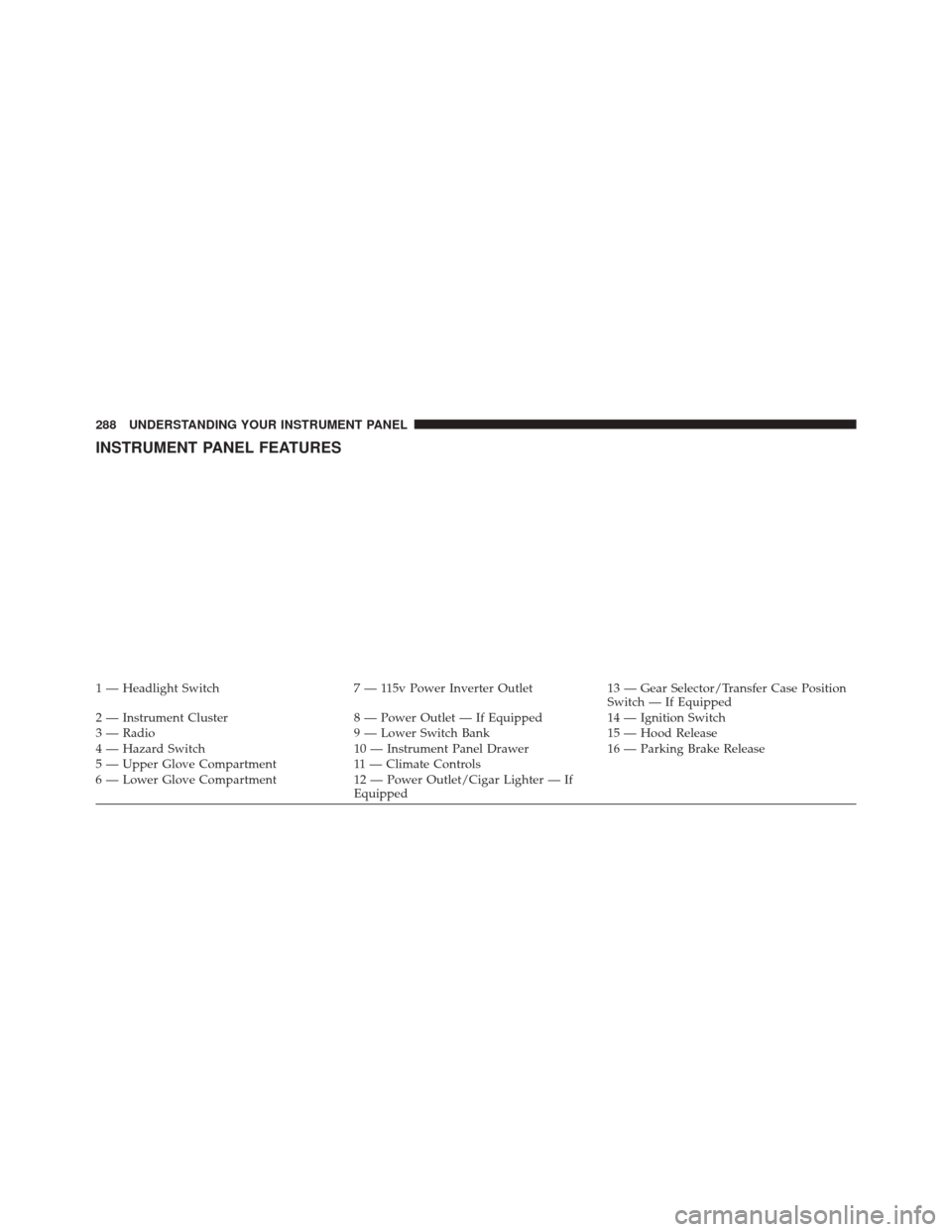 Ram 3500 2016  Owners Manual INSTRUMENT PANEL FEATURES
1 — Headlight Switch7 — 115v Power Inverter Outlet13 — Gear Selector/Transfer Case Position
Switch — If Equipped
2 — Instrument Cluster 8 — Power Outlet — If Eq