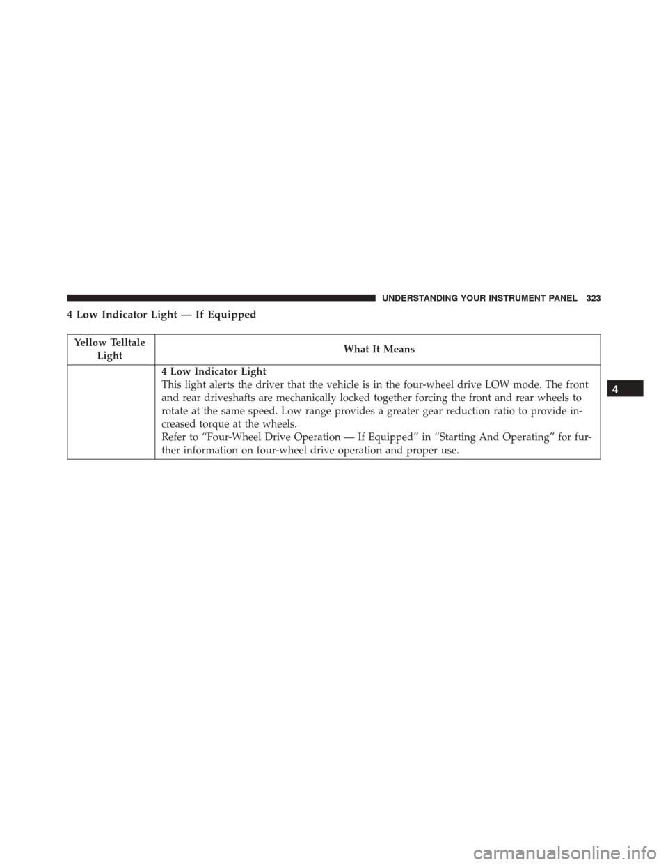 Ram 3500 2016  Owners Manual 4 Low Indicator Light — If Equipped
Yellow TelltaleLight What It Means
4 Low Indicator Light
This light alerts the driver that the vehicle is in the four-wheel drive LOW mode. The front
and rear dri