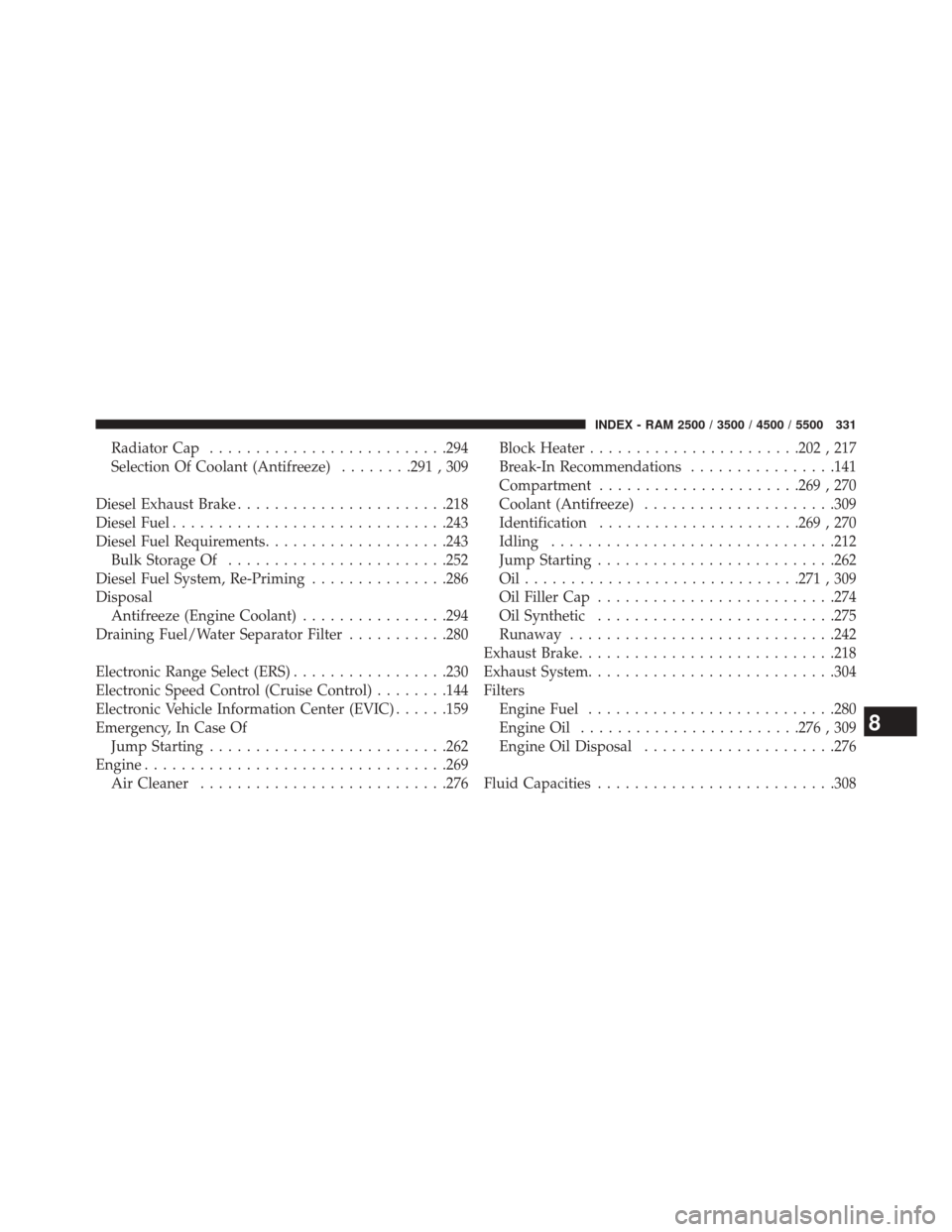 Ram 3500 2016  Diesel Supplement Radiator Cap......................... .294
Selection Of Coolant (Antifreeze) ........291 , 309
Diesel Exhaust Brake ...................... .218
Diesel Fuel ............................. .243
Diesel Fu