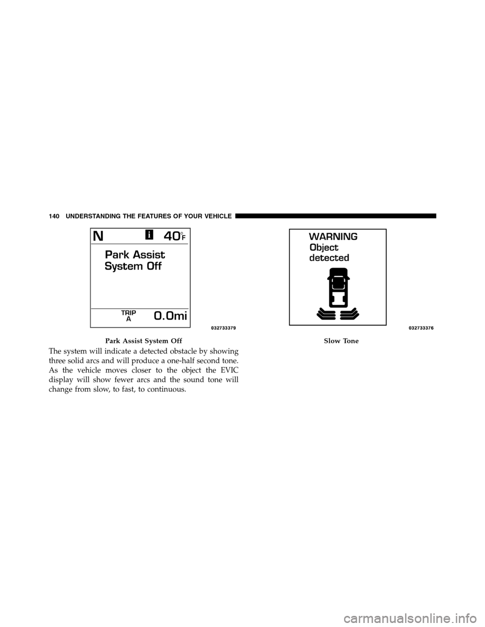 Ram 3500 2011  Owners Manual The system will indicate a detected obstacle by showing
three solid arcs and will produce a one-half second tone.
As the vehicle moves closer to the object the EVIC
display will show fewer arcs and th