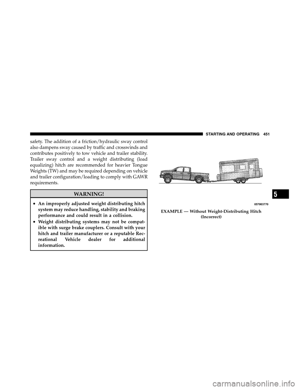 Ram 3500 2011  Owners Manual safety. The addition of a friction/hydraulic sway control
also dampens sway caused by traffic and crosswinds and
contributes positively to tow vehicle and trailer stability.
Trailer sway control and a
