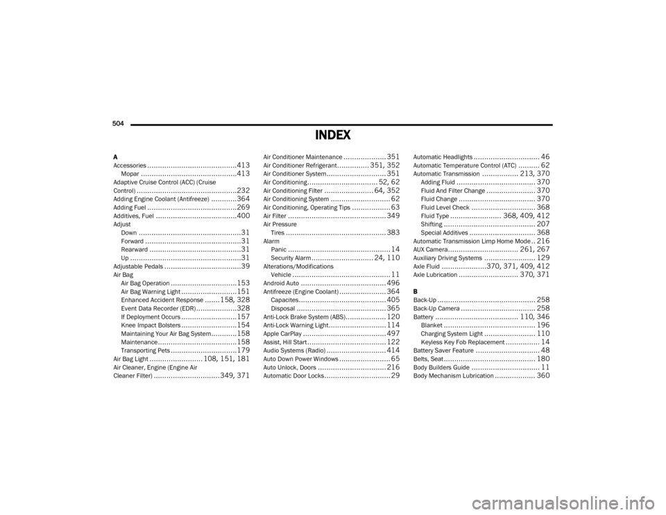 Ram 4500 Chassis Cab 2020  Owners Manual 
504  
INDEX
A
Accessories..........................................413Mopar.............................................413Adaptive Cruise Control (ACC) (Cruise 
Control).............................