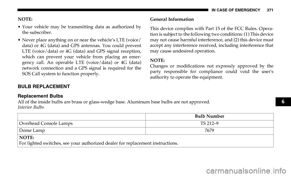 Ram 4500 Chassis Cab 2019  Owners Manual IN CASE OF EMERGENCY 371
NOTE:
• Your  vehicle  may  be  transmitting  data  as  authorized  bythe subscriber.
• Never place anything on or near the vehicle’s LTE (voice/ data)  or  4G  (data)  