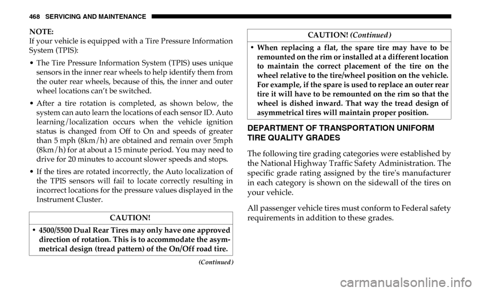 Ram 4500 Chassis Cab 2019  Owners Manual 468 SERVICING AND MAINTENANCE
(Continued)
NOTE:
If your vehicle is equipped with a Tire Pressure Information
System (TPIS): 
• The  Tire  Pressure  Information  System (TPIS)  uses  uniquesensors in
