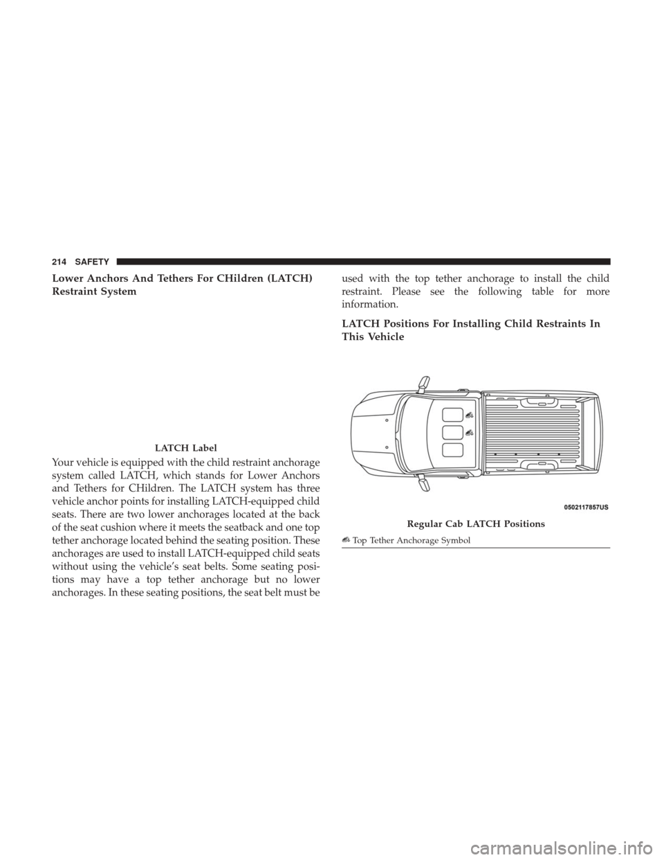 Ram 4500 Chassis Cab 2018 Owners Manual Lower Anchors And Tethers For CHildren (LATCH)
Restraint System
Your vehicle is equipped with the child restraint anchorage
system called LATCH, which stands for Lower Anchors
and Tethers for CHildren Ram 4500 Chassis Cab 2018 Owners Manual Lower Anchors And Tethers For CHildren (LATCH)
Restraint System
Your vehicle is equipped with the child restraint anchorage
system called LATCH, which stands for Lower Anchors
and Tethers for CHildren