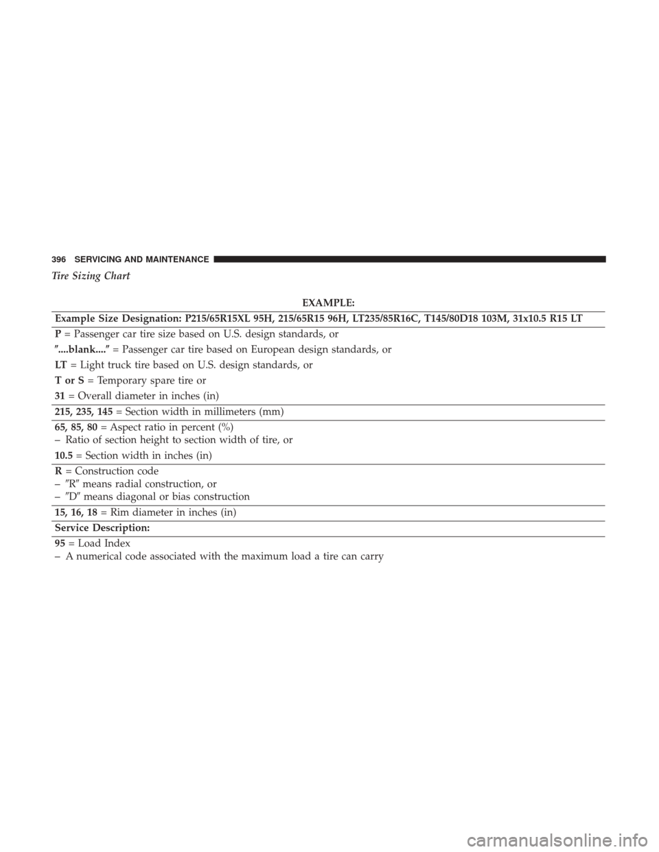 Ram 4500 Chassis Cab 2018  Owners Manual Tire Sizing Chart
EXAMPLE:
Example Size Designation: P215/65R15XL 95H, 215/65R15 96H, LT235/85R16C, T145/80D18 103M, 31x10.5 R15 LT
P = Passenger car tire size based on U.S. design standards, or
....
