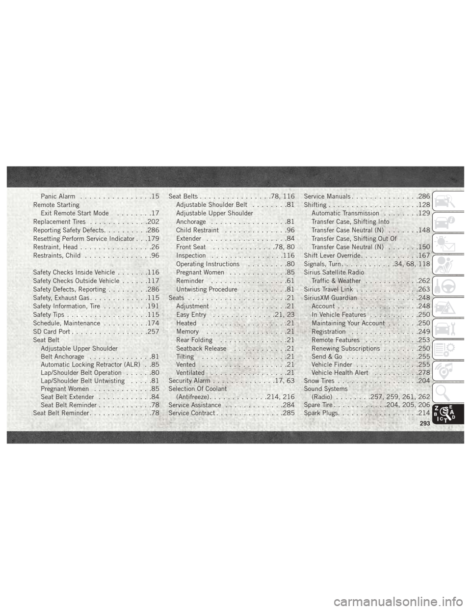 Ram 4500 Chassis Cab 2018  User Guide Panic Alarm................15
Remote Starting Exit Remote Start Mode ........17
Replacement Tires .............202
Reporting Safety Defects ..........286
Resetting Perform Service Indicator . . .179
R