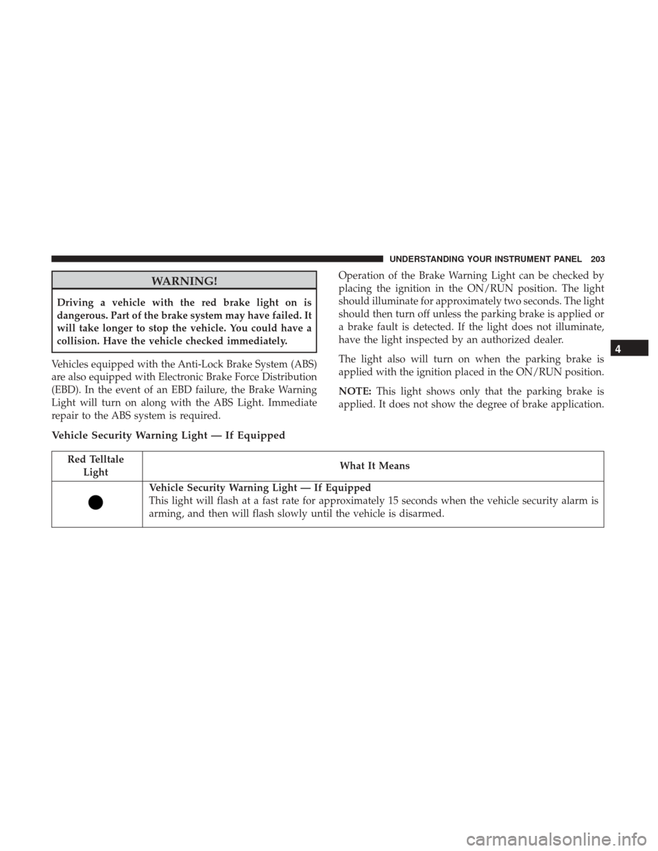 Ram 4500 Chassis Cab 2017 Repair Manual WARNING!
Driving a vehicle with the red brake light on is
dangerous. Part of the brake system may have failed. It
will take longer to stop the vehicle. You could have a
collision. Have the vehicle che