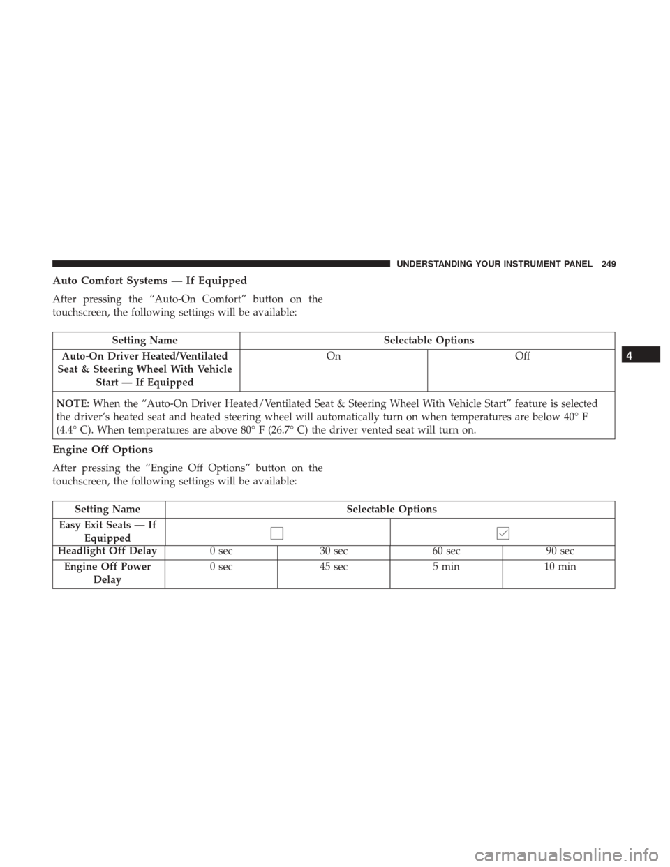 Ram 4500 Chassis Cab 2017 Service Manual Auto Comfort Systems — If Equipped
After pressing the “Auto-On Comfort” button on the
touchscreen, the following settings will be available:
Setting NameSelectable Options
Auto-On Driver Heated/ Ram 4500 Chassis Cab 2017 Service Manual Auto Comfort Systems — If Equipped
After pressing the “Auto-On Comfort” button on the
touchscreen, the following settings will be available:
Setting NameSelectable Options
Auto-On Driver Heated/