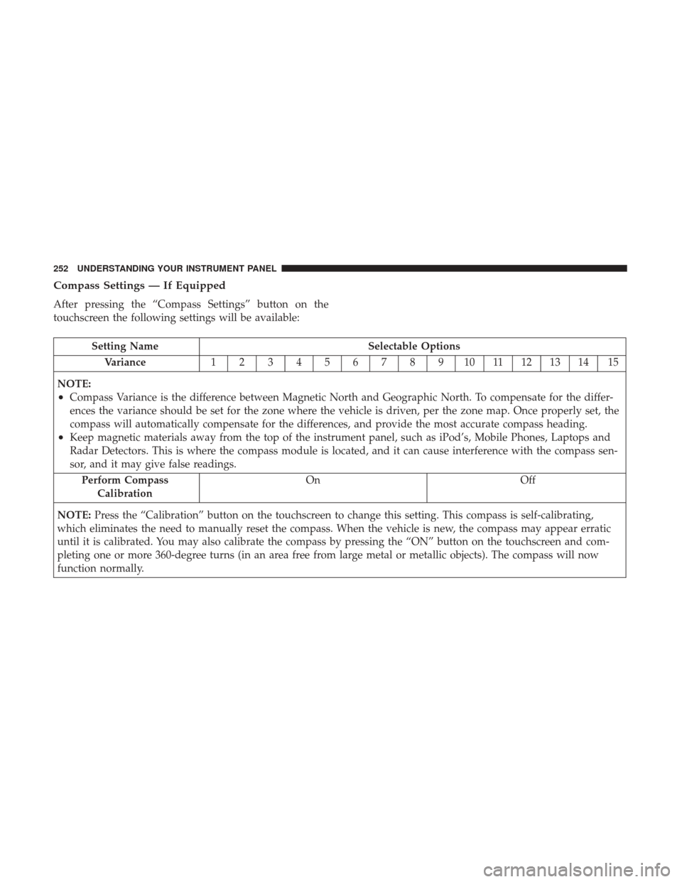 Ram 4500 Chassis Cab 2017 User Guide Compass Settings — If Equipped
After pressing the “Compass Settings” button on the
touchscreen the following settings will be available:
Setting NameSelectable Options
Variance 12345678910111213