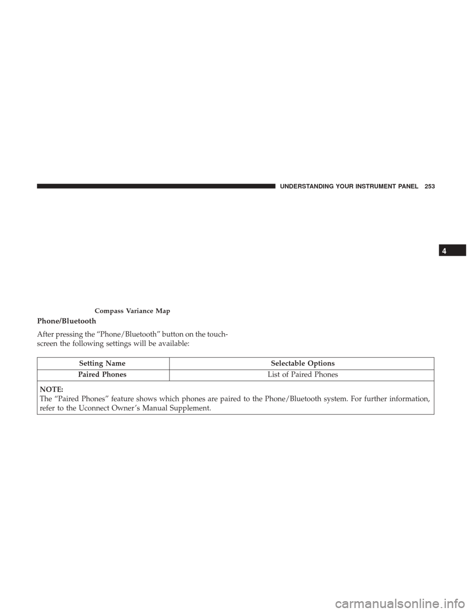 Ram 4500 Chassis Cab 2017 Owners Manual Phone/Bluetooth
After pressing the “Phone/Bluetooth” button on the touch-
screen the following settings will be available:
Setting NameSelectable Options
Paired Phones List of Paired Phones
NOTE:
Ram 4500 Chassis Cab 2017 Owners Manual Phone/Bluetooth
After pressing the “Phone/Bluetooth” button on the touch-
screen the following settings will be available:
Setting NameSelectable Options
Paired Phones List of Paired Phones
NOTE: