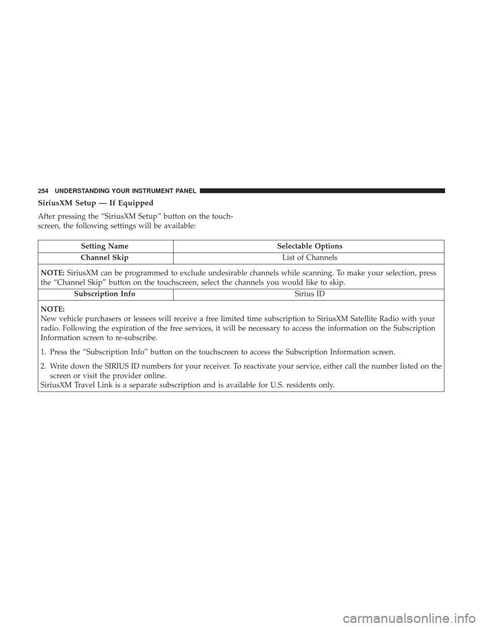 Ram 4500 Chassis Cab 2017  Owners Manual SiriusXM Setup — If Equipped
After pressing the “SiriusXM Setup” button on the touch-
screen, the following settings will be available:
Setting NameSelectable Options
Channel Skip List of Channe