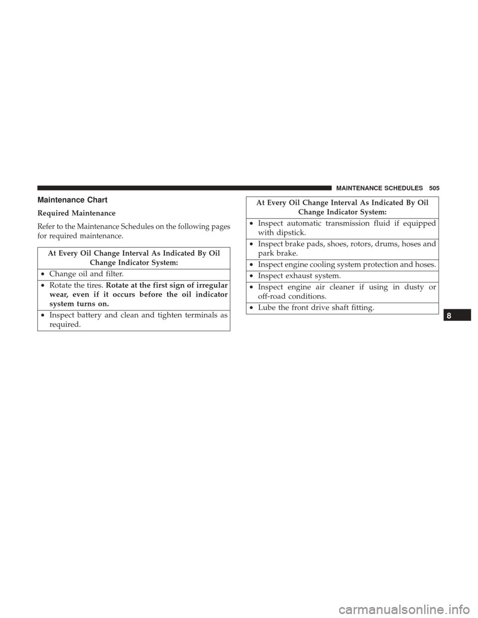 Ram 4500 Chassis Cab 2017  Owners Manual Maintenance Chart
Required Maintenance
Refer to the Maintenance Schedules on the following pages
for required maintenance.
At Every Oil Change Interval As Indicated By OilChange Indicator System:
•C