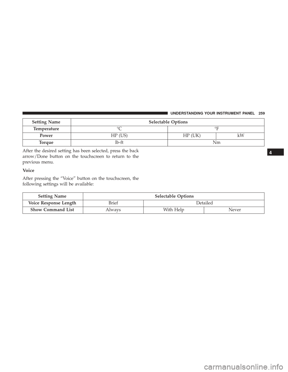 Ram 5500 Chassis Cab 2017 Owners Guide Setting NameSelectable Options
Temperature °C °F
Power HP (US) HP (UK)kW
Torque lb-ft Nm
After the desired setting has been selected, press the back
arrow/Done button on the touchscreen to return to
