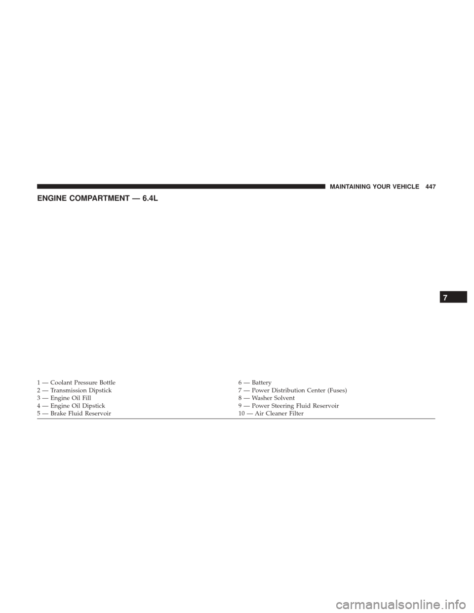 Ram 5500 Chassis Cab 2017 User Guide ENGINE COMPARTMENT — 6.4L
1 — Coolant Pressure Bottle6 — Battery
2 — Transmission Dipstick 7 — Power Distribution Center (Fuses)
3 — Engine Oil Fill 8 — Washer Solvent
4 — Engine Oil D Ram 5500 Chassis Cab 2017 User Guide ENGINE COMPARTMENT — 6.4L
1 — Coolant Pressure Bottle6 — Battery
2 — Transmission Dipstick 7 — Power Distribution Center (Fuses)
3 — Engine Oil Fill 8 — Washer Solvent
4 — Engine Oil D