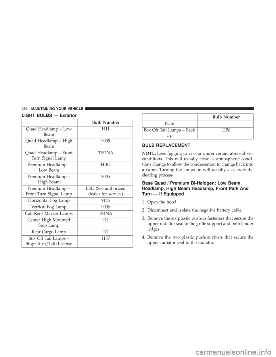 Ram 5500 Chassis Cab 2017  Owners Manual LIGHT BULBS — Exterior
Bulb Number
Quad Headlamp – Low Beam H11
Quad Headlamp – High Beam 9005
Quad Headlamp – Front Turn Signal Lamp 3157NA
Premium Headlamp – Low Beam HIR2
Premium Headlamp