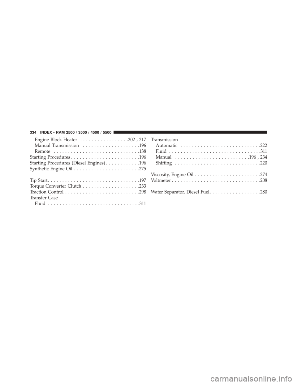 Ram 5500 Chassis Cab 2016  Diesel Supplement Engine Block Heater.................202 , 217
Manual Transmission ....................196
Remote ............................. .138
Starting Procedures ....................... .196
Starting Procedures