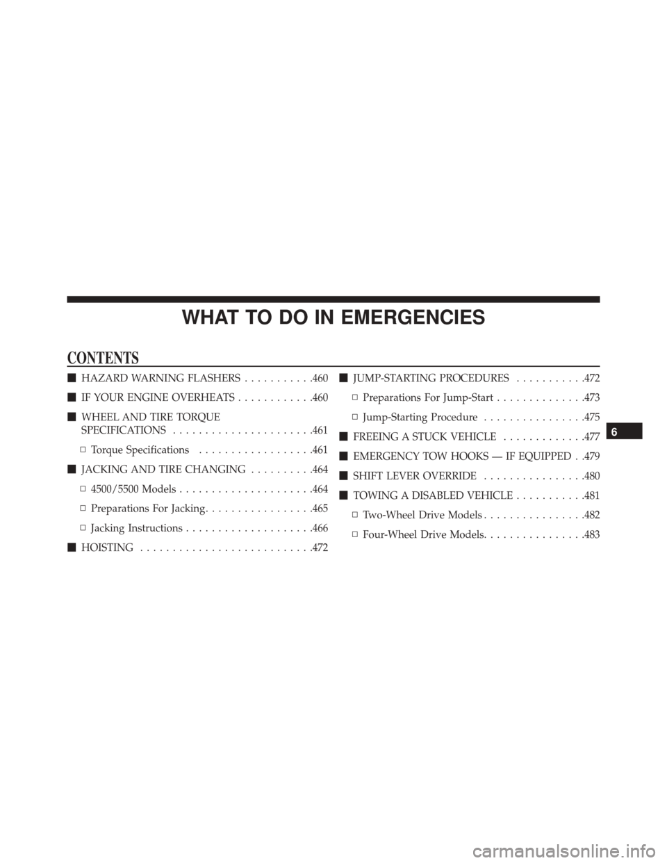 Ram 5500 Chassis Cab 2015  Owners Manual WHAT TO DO IN EMERGENCIES
CONTENTS
HAZARD WARNING FLASHERS ...........460
 IF YOUR ENGINE OVERHEATS ............460
 WHEEL AND TIRE TORQUE
SPECIFICATIONS ..................... .461
▫ Torque Speci