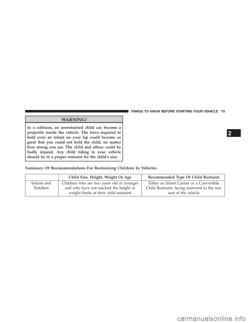 Ram 5500 Chassis Cab 2014  Owners Manual WARNING!
In a collision, an unrestrained child can become a
projectile inside the vehicle. The force required to
hold even an infant on your lap could become so
great that you could not hold the child