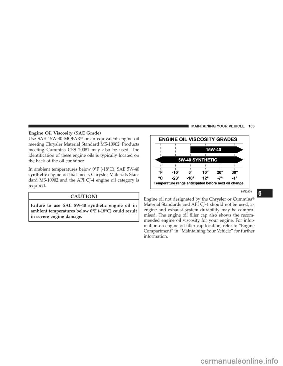 Ram 5500 Chassis Cab 2012  Diesel Supplement Engine Oil Viscosity (SAE Grade)
Use SAE 15W-40 MOPARor an equivalent engine oil
meeting Chrysler Material Standard MS-10902. Products
meeting Cummins CES 20081 may also be used. The
identification o