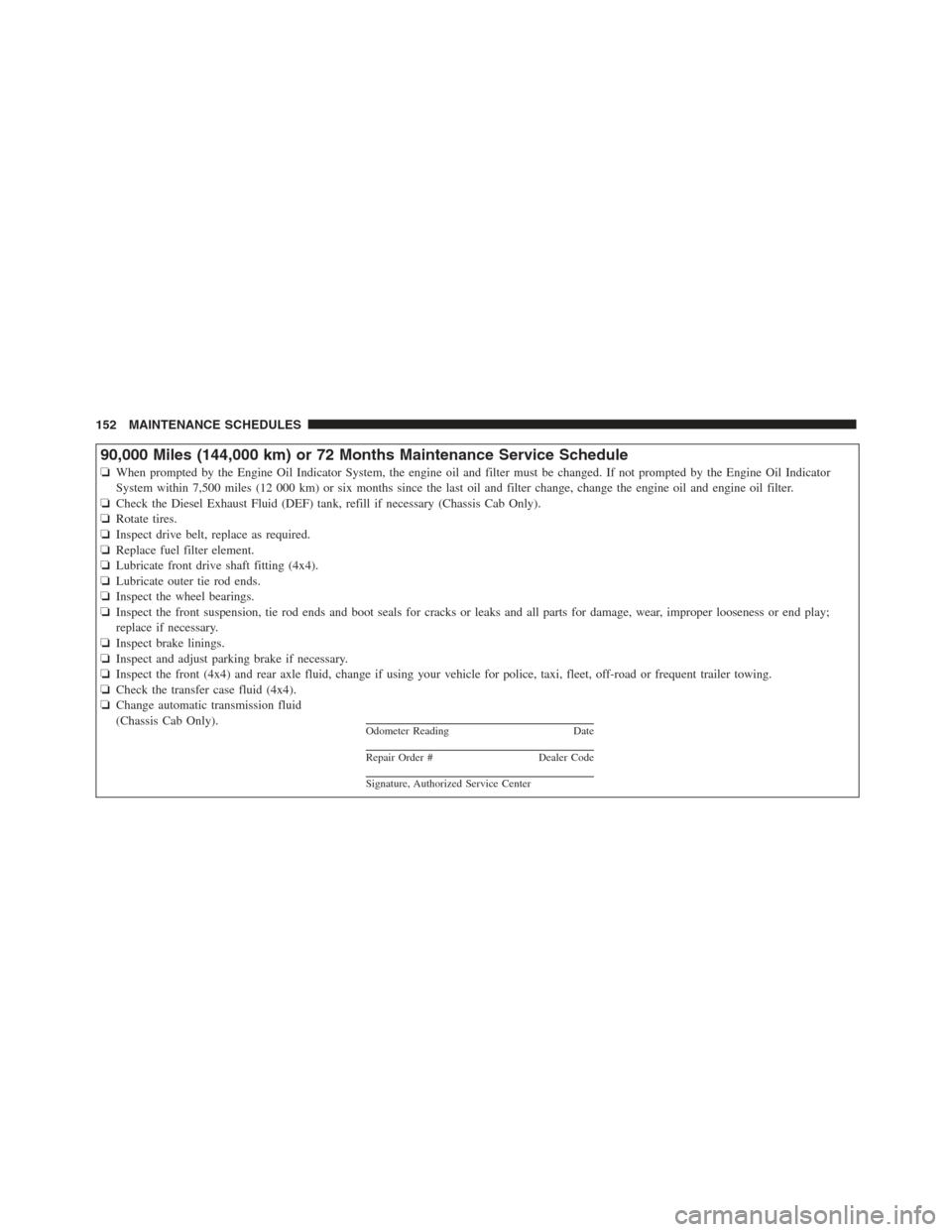 Ram 5500 Chassis Cab 2012  Diesel Supplement 90,000 Miles (144,000 km) or 72 Months Maintenance Service Schedule
❏When prompted by the Engine Oil Indicator System, the engine oil and filter must be changed. If not prompted by the Engine Oil In