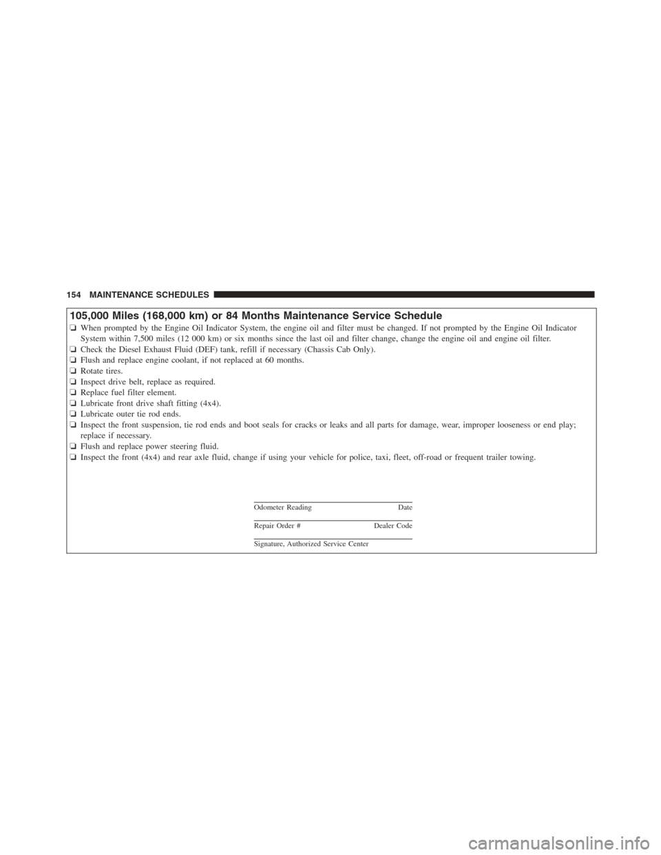 Ram 5500 Chassis Cab 2012  Diesel Supplement 105,000 Miles (168,000 km) or 84 Months Maintenance Service Schedule
❏When prompted by the Engine Oil Indicator System, the engine oil and filter must be changed. If not prompted by the Engine Oil I