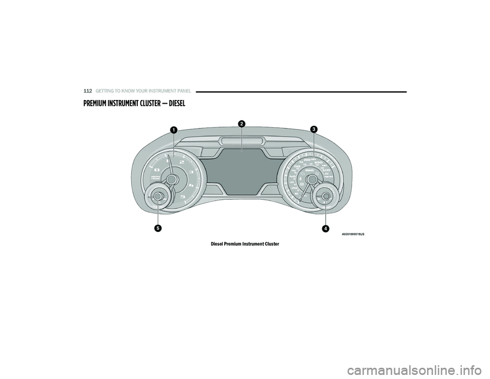RAM 1500 2021  Owners Manual 
112GETTING TO KNOW YOUR INSTRUMENT PANEL  
PREMIUM INSTRUMENT CLUSTER — DIESEL
Diesel Premium Instrument Cluster

21_DT_OM_EN_USC_t.book  Page 112   