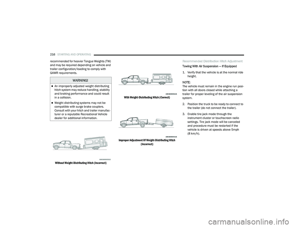 RAM 1500 2021 Owners Manual
216STARTING AND OPERATING
recommended for heavier Tongue Weights (TW)
and may be required depending on vehicle and
trailer configuration/loading to comply with
GAWR requirements.
Without Weight RAM 1500 2021 Owners Manual
216STARTING AND OPERATING
recommended for heavier Tongue Weights (TW)
and may be required depending on vehicle and
trailer configuration/loading to comply with
GAWR requirements.
Without Weight