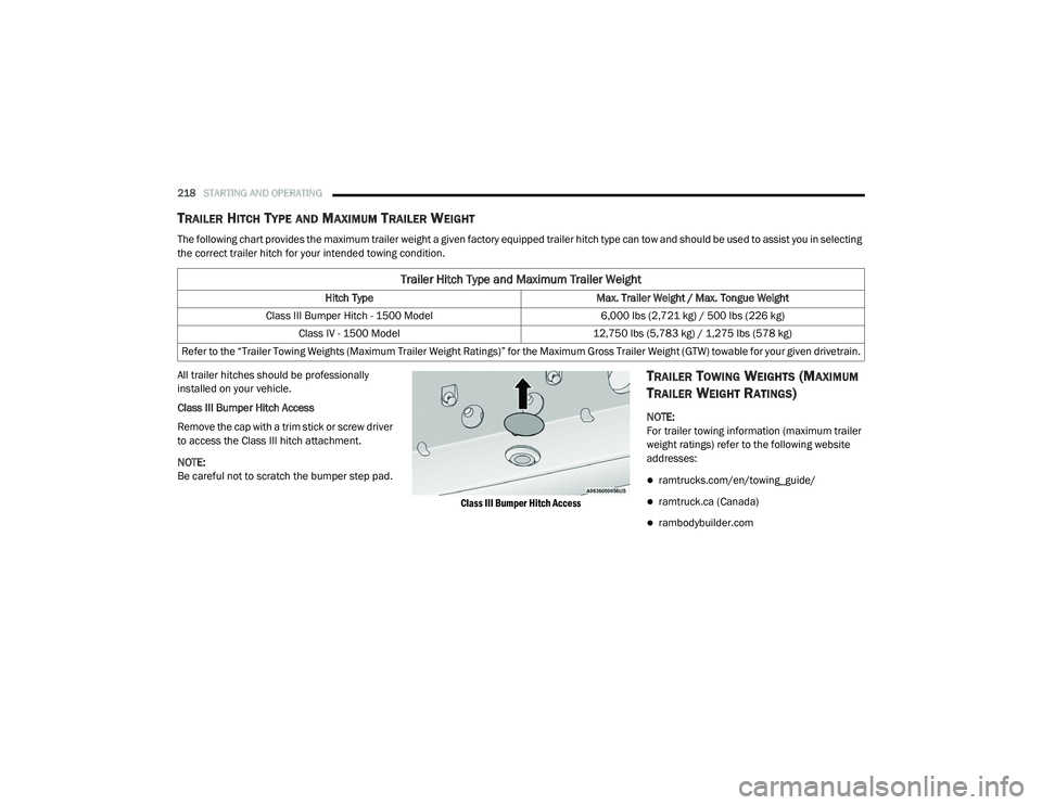 RAM 1500 2021 Owners Manual
218STARTING AND OPERATING
TRAILER HITCH TYPE AND MAXIMUM TRAILER WEIGHT
The following chart provides the maximum trailer weight a given factory equipped trailer hitch type can tow and should be use RAM 1500 2021 Owners Manual
218STARTING AND OPERATING
TRAILER HITCH TYPE AND MAXIMUM TRAILER WEIGHT
The following chart provides the maximum trailer weight a given factory equipped trailer hitch type can tow and should be use