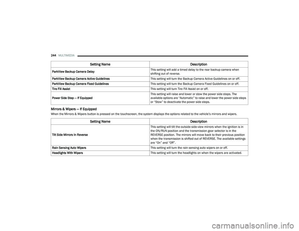 RAM 1500 2021 Owners Manual
244MULTIMEDIA
Mirrors & Wipers — If Equipped
When the Mirrors & Wipers button is pressed on the touchscreen, the system displays the options related to the vehicle’s mirrors and wipers.ParkView RAM 1500 2021 Owners Manual
244MULTIMEDIA
Mirrors & Wipers — If Equipped
When the Mirrors & Wipers button is pressed on the touchscreen, the system displays the options related to the vehicle’s mirrors and wipers.ParkView