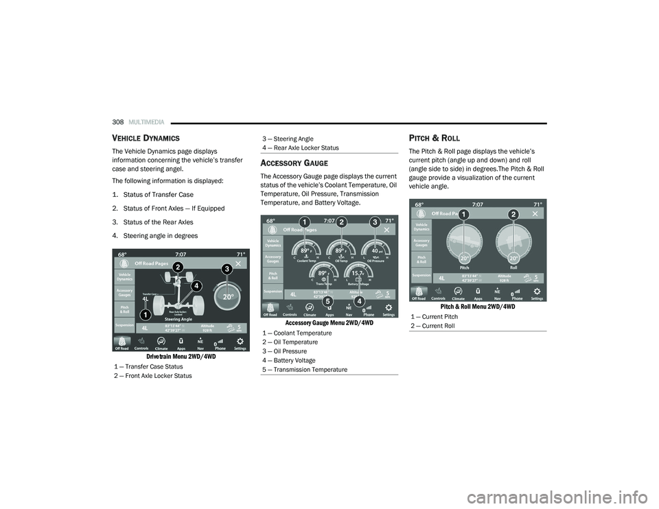 RAM 1500 2021 Owners Manual
308MULTIMEDIA
VEHICLE DYNAMICS
The Vehicle Dynamics page displays
information concerning the vehicle’s transfer
case and steering angel.
The following information is displayed:
1. Status of Tr RAM 1500 2021 Owners Manual
308MULTIMEDIA
VEHICLE DYNAMICS
The Vehicle Dynamics page displays
information concerning the vehicle’s transfer
case and steering angel.
The following information is displayed:
1. Status of Tr