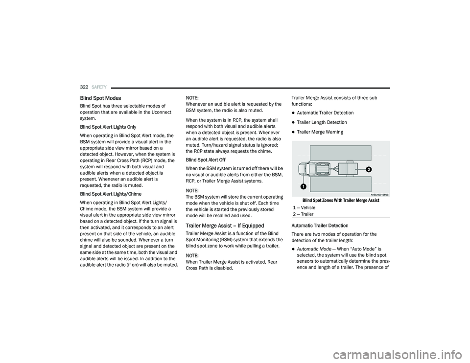 RAM 1500 2021 Owners Manual
322SAFETY
Blind Spot Modes
Blind Spot has three selectable modes of
operation that are available in the Uconnect
system.
Blind Spot Alert Lights Only
When operating in Blind Spot Alert mode, the RAM 1500 2021 Owners Manual
322SAFETY
Blind Spot Modes
Blind Spot has three selectable modes of
operation that are available in the Uconnect
system.
Blind Spot Alert Lights Only
When operating in Blind Spot Alert mode, the