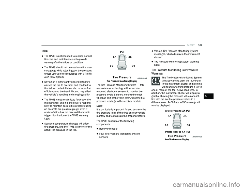 RAM 1500 2021 Owners Manual
SAFETY329
NOTE:
The TPMS is not intended to replace normal
tire care and maintenance or to provide
warning of a tire failure or condition.
The TPMS should not be used as a tire pres -
sure ga RAM 1500 2021 Owners Manual
SAFETY329
NOTE:
The TPMS is not intended to replace normal
tire care and maintenance or to provide
warning of a tire failure or condition.
The TPMS should not be used as a tire pres -
sure ga