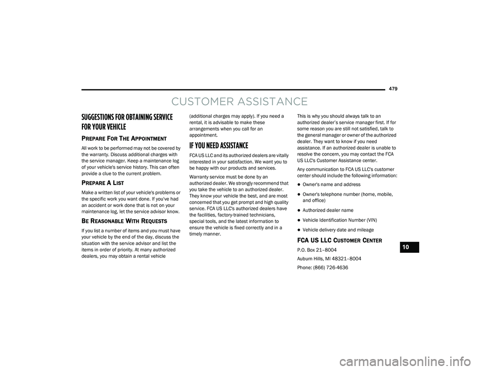 RAM 1500 2021 Owners Manual
479
CUSTOMER ASSISTANCE
SUGGESTIONS FOR OBTAINING SERVICE
FOR YOUR VEHICLE
PREPARE FOR THE APPOINTMENT
All work to be performed may not be covered by
the warranty. Discuss additional charges with RAM 1500 2021 Owners Manual
479
CUSTOMER ASSISTANCE
SUGGESTIONS FOR OBTAINING SERVICE
FOR YOUR VEHICLE
PREPARE FOR THE APPOINTMENT
All work to be performed may not be covered by
the warranty. Discuss additional charges with